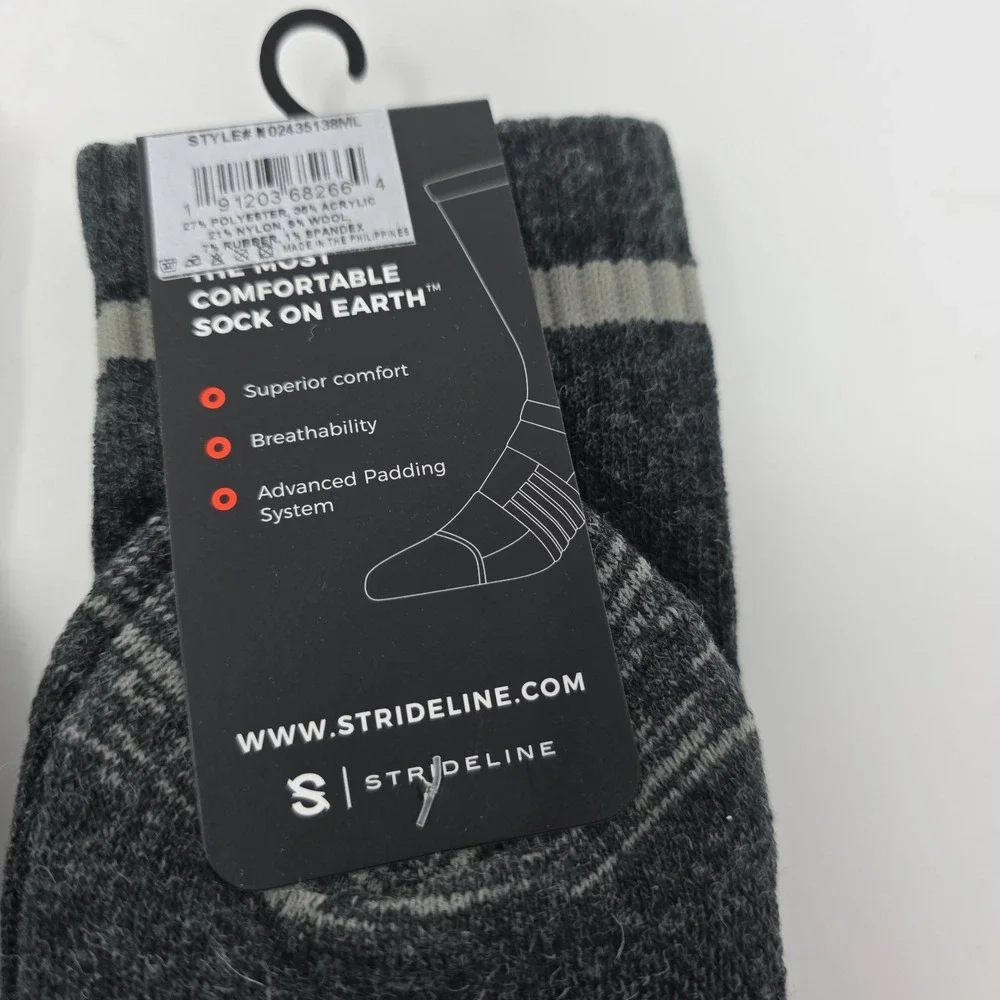 Strideline Performance Crew Socks Lot 3 Men M/L 8-12 Gray Green Wool Blend NWT